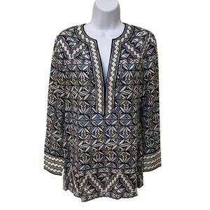 Tory Burch Womens Mosaic Geometric Print Cotton Tunic Top Navy Blue Size 4
